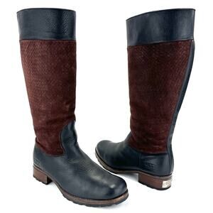 Ugg Australia Knee High Winter Boots Sz 11 Black Leather Brown Suede Wool Lining